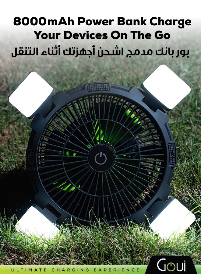 جوي مروحة فلو متعددة الوظائف 3 في 1 مع ضوء LED – بطارية 8000 ملي أمبير تعمل كباور بانك، مؤقت إيقاف تلقائي، مروحة بأربع سرعات، ضوء LED قابل للطي ومقبض قابل للطي، تحكم عن بُعد، مثالية للتخييم و السفر G-FANLIGHT متعدد الألوان - Image 3