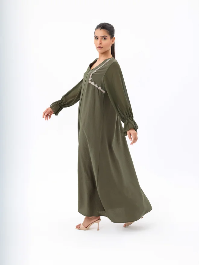 Elena By DStyle Green Lace Detail V Neck Modest Dress