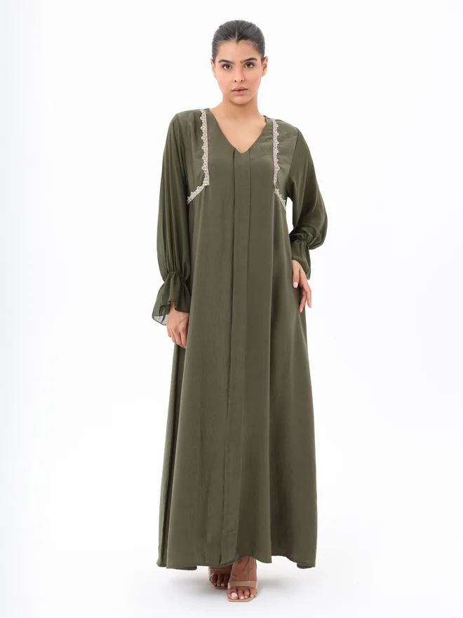 Elena By DStyle Green Lace Detail V Neck Modest Dress