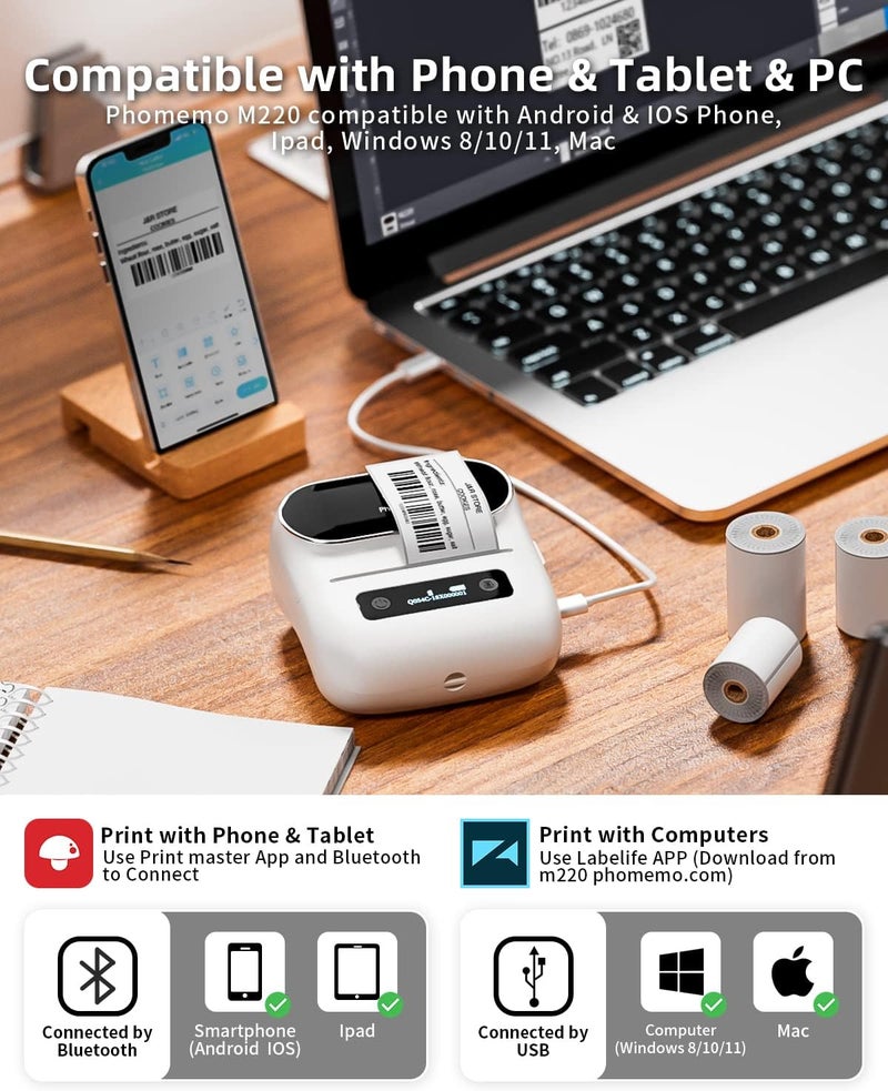 Label Maker, M220 thermal protable Printer with 3rolls, Bluetooth Label Printer for Address, Mailing,white - Image 4