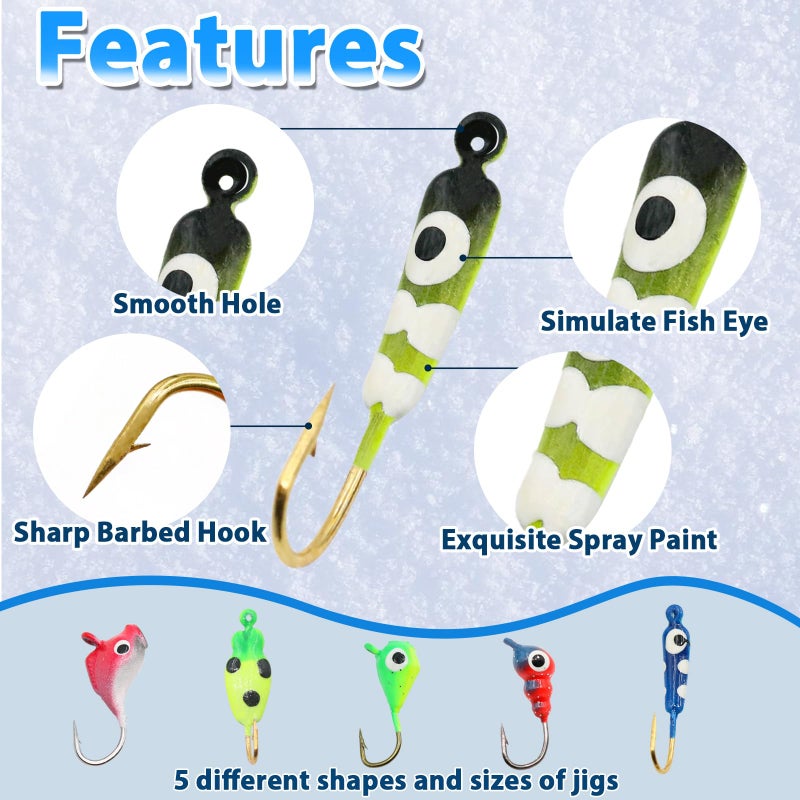 FishTrip Ice Fishing Jigs Kit, 30Pcs Glow Ice Fishing Lure Set for Winter Ice Jigging Crappie Sunfish Perch Panfish Walleye Pike Jigs, Ice Fishing Gear with Storage Box - Image 2
