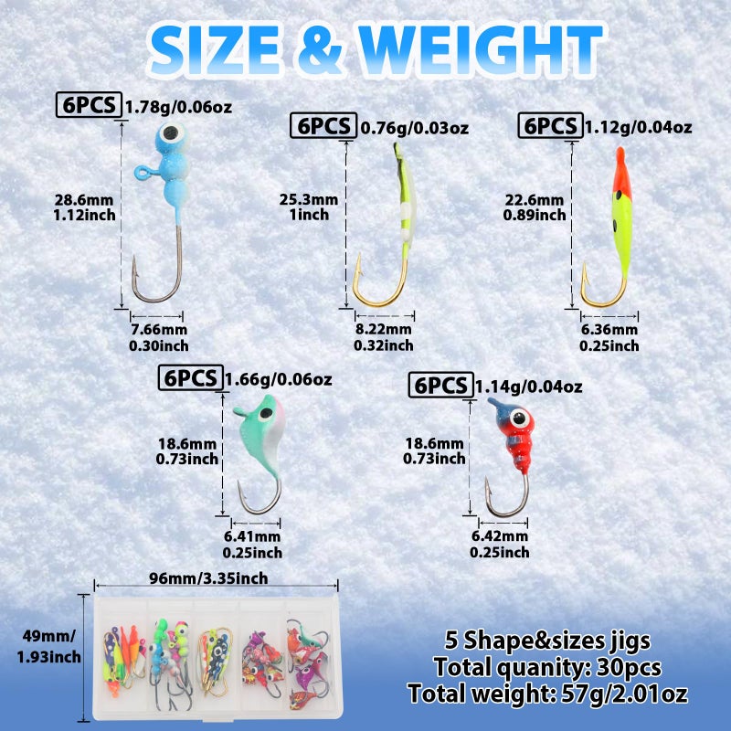 FishTrip Ice Fishing Jigs Kit, 30Pcs Glow Ice Fishing Lure Set for Winter Ice Jigging Crappie Sunfish Perch Panfish Walleye Pike Jigs, Ice Fishing Gear with Storage Box - Image 4