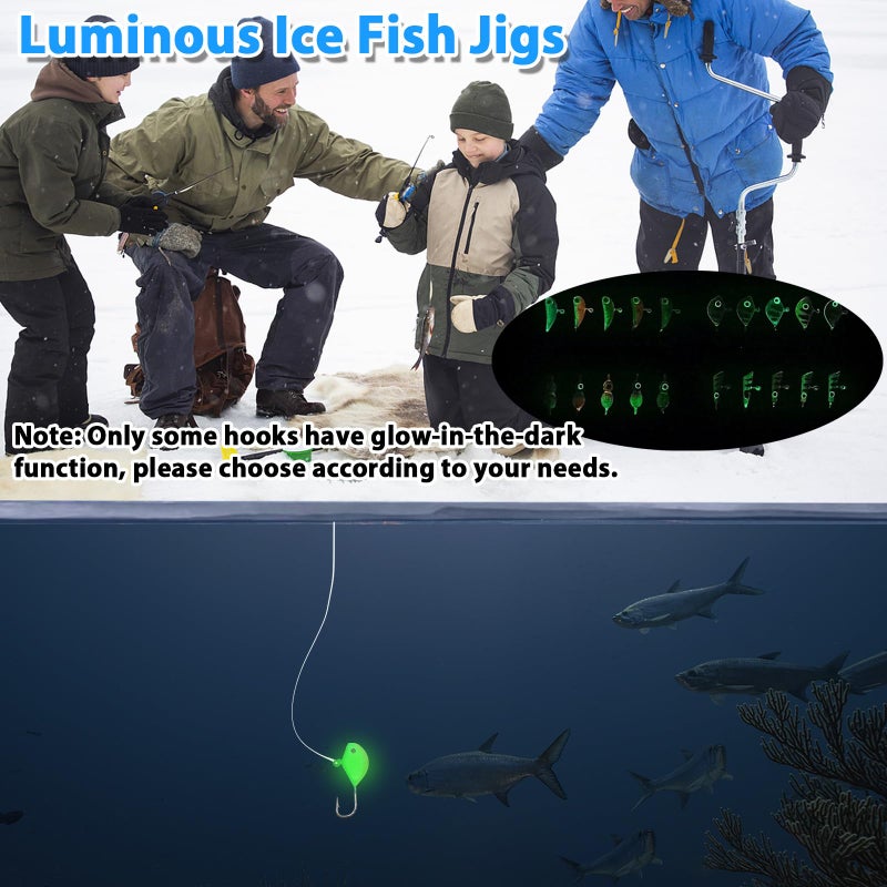 FishTrip Ice Fishing Jigs Kit, 30Pcs Glow Ice Fishing Lure Set for Winter Ice Jigging Crappie Sunfish Perch Panfish Walleye Pike Jigs, Ice Fishing Gear with Storage Box - Image 5