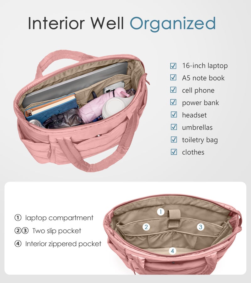 Uselike Tote Bag for Women with Zipper, Quilted Puffer Tote Bag with Compartments, Lightweight Puffy Work Bags for Women Travel (Coral Pink) - Image 4
