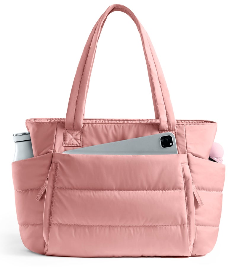 Uselike Tote Bag for Women with Zipper, Quilted Puffer Tote Bag with Compartments, Lightweight Puffy Work Bags for Women Travel (Coral Pink) - Image 1