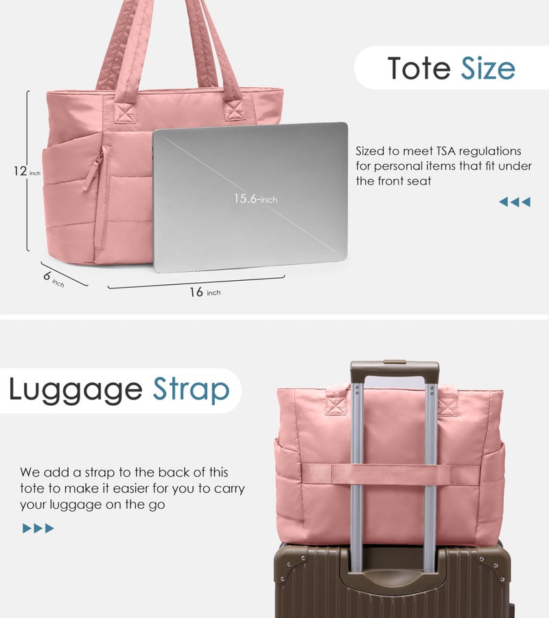 Uselike Tote Bag for Women with Zipper, Quilted Puffer Tote Bag with Compartments, Lightweight Puffy Work Bags for Women Travel (Coral Pink) - Image 5