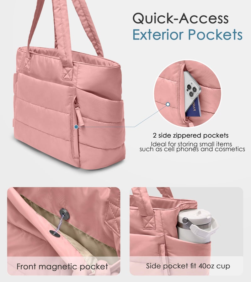 Uselike Tote Bag for Women with Zipper, Quilted Puffer Tote Bag with Compartments, Lightweight Puffy Work Bags for Women Travel (Coral Pink) - Image 3