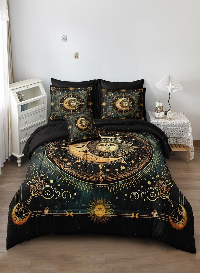 Herside Sun and Moon Bed in a Bag Black Psychedelic Celestial Bedding Comforter Set Queen Size,Bohemian Bedding Galaxy Comforter Set for Boys Girls Women,Gothic Mystic Witchy Bedding for Room Decor - Image 1