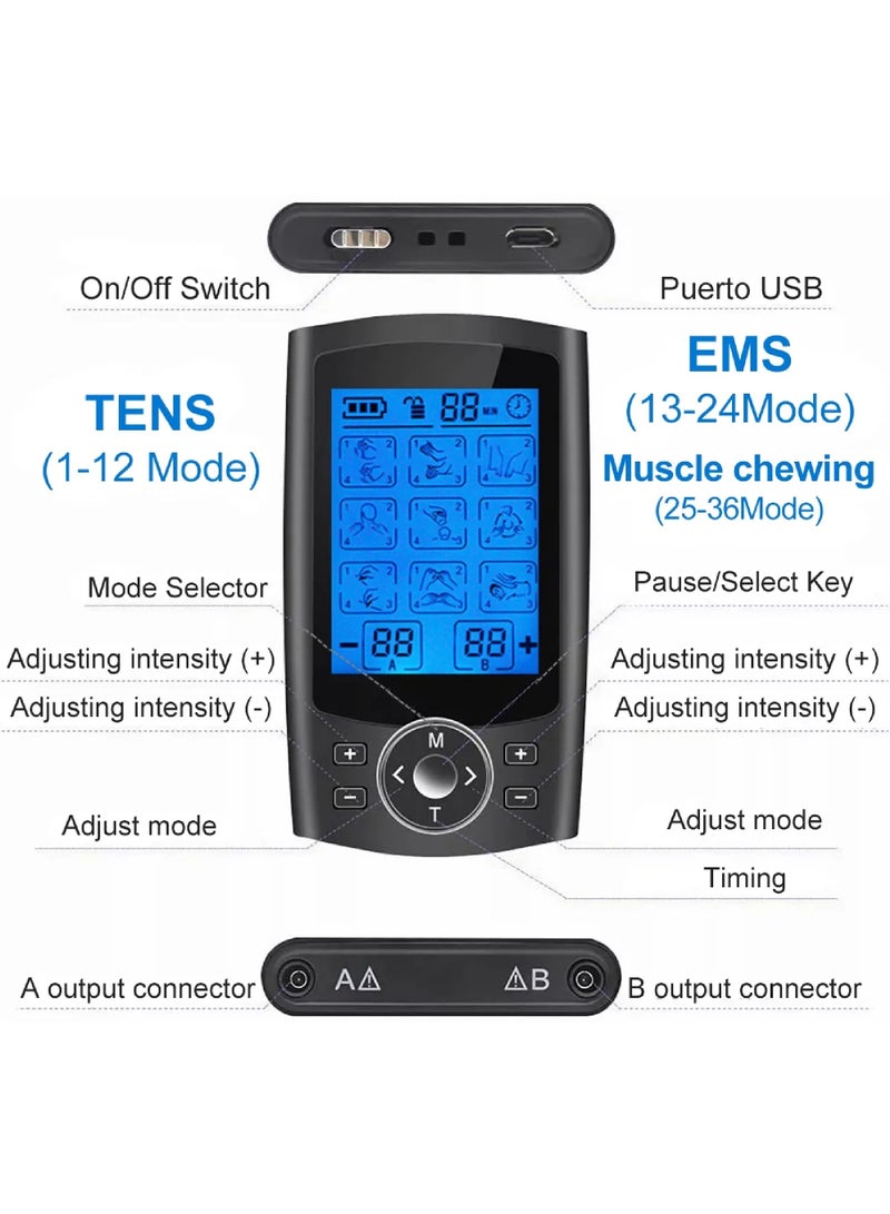 TENS Unit Rechargeable Muscle Stimulator EMS Dual Channel with 10 Reusable Electrode Pads 36 Modes for Back Neck Pain Muscle Therapy Pain Management Pulse Massager