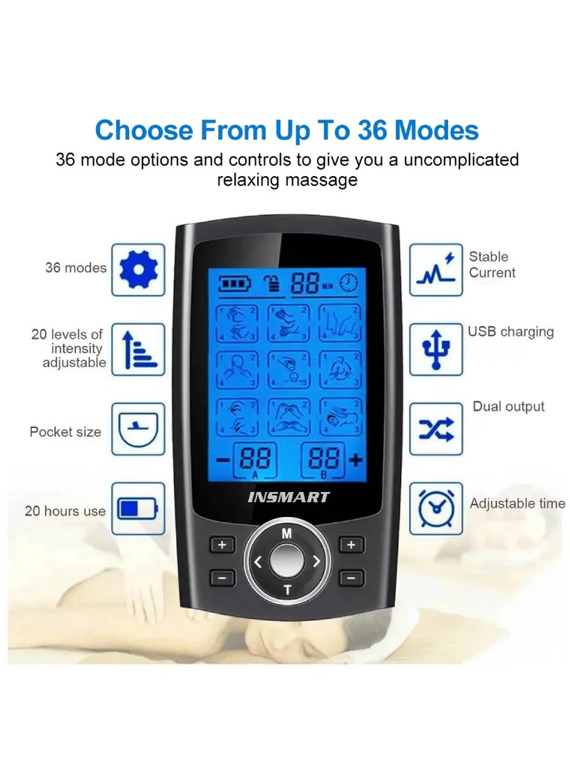 TENS Unit Rechargeable Muscle Stimulator EMS Dual Channel with 10 Reusable Electrode Pads 36 Modes for Back Neck Pain Muscle Therapy Pain Management Pulse Massager