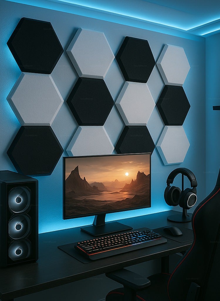 ساوند راوند ألواح الفوم الصوتي SoundRound مقاس 12×12×1 بوصة – عزل صوت احترافي بتصميم هيكساجون – للتحكم في الصدى ومعالجة السينما المنزلية – ألواح عالية الكثافة – 12 قطعة - لون رمادي غامق - Image 4