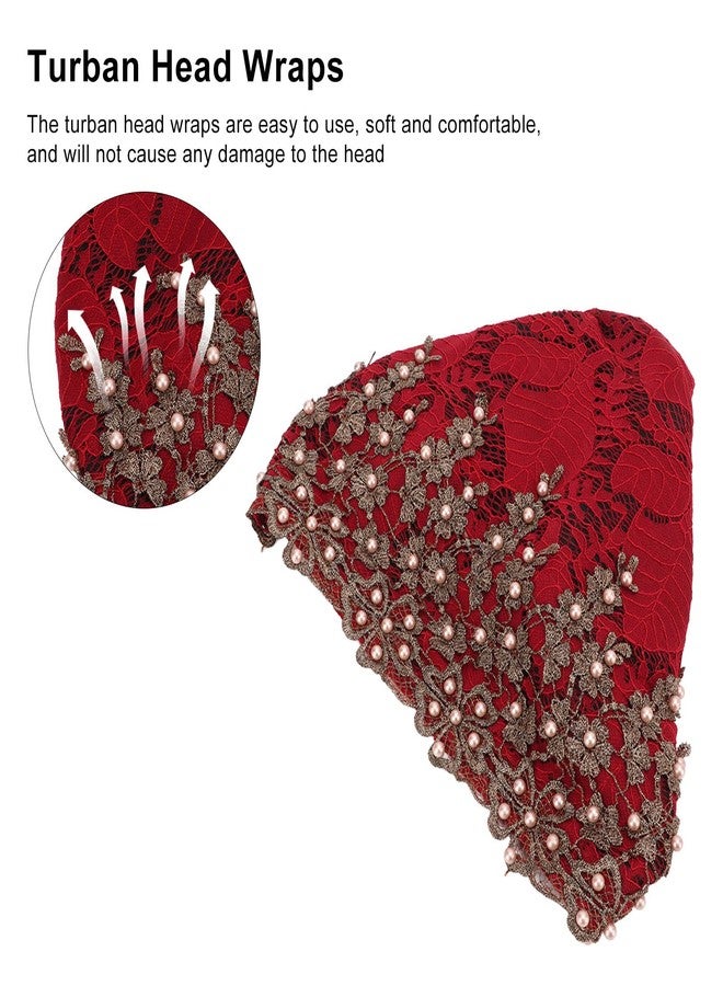 Pilipane Women Turban heads Wrap , Women Flower Elastic Turban Beanie heads Scarf Wrap , Vintage Embroidered Muslim Turban Hat Soft Lace Material Beaded Fleece Hair Hat for Women Daily Use and Gift (red) - Image 2