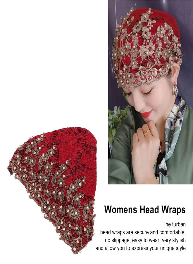 Pilipane Women Turban heads Wrap , Women Flower Elastic Turban Beanie heads Scarf Wrap , Vintage Embroidered Muslim Turban Hat Soft Lace Material Beaded Fleece Hair Hat for Women Daily Use and Gift (red) - Image 4