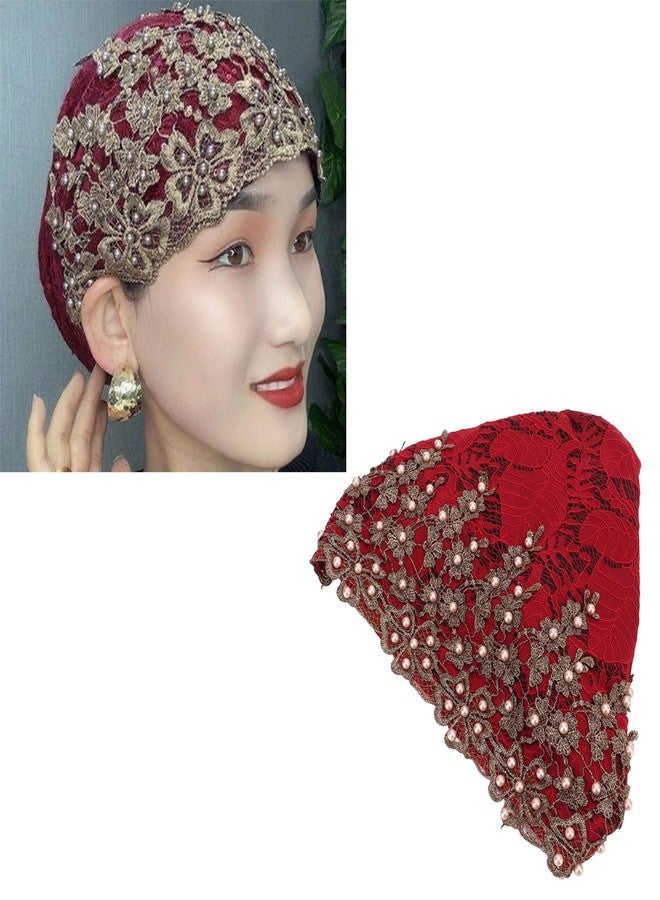 Pilipane Women Turban heads Wrap , Women Flower Elastic Turban Beanie heads Scarf Wrap , Vintage Embroidered Muslim Turban Hat Soft Lace Material Beaded Fleece Hair Hat for Women Daily Use and Gift (red) - Image 5