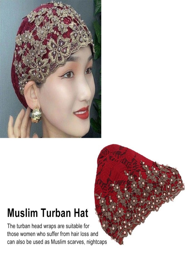 Pilipane Women Turban heads Wrap , Women Flower Elastic Turban Beanie heads Scarf Wrap , Vintage Embroidered Muslim Turban Hat Soft Lace Material Beaded Fleece Hair Hat for Women Daily Use and Gift (red) - Image 3