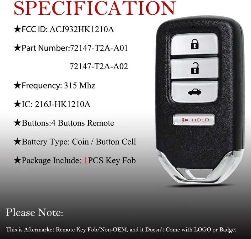 MechanMagic Key Fob Remote Replacement Fits for Honda Accord 2013-2015/CIVIC 2014-2015 ACJ932HK1210A Keyless Entry Remote Control 72147-T2A-A01 - Image 5