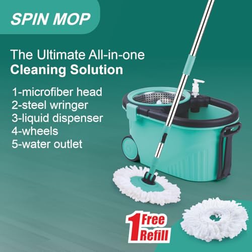 Homeor Stainless Steel Comfort Spin Mop with Big Wheel, Auto-fold Handle, Bucket Floor Cleaning and Mopping System 360° Flexible with 1 Refils, Blue - Image 4