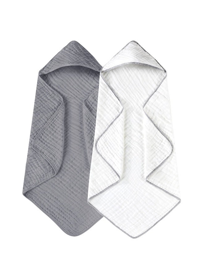 2 Pack Hooded Baby Bath Towels 100% Organic Muslin Cotton, 32x32 Inch Soft Absorbent Hooded Towels for Newborn, Infant, Toddler & Kids, White & Pure Grey - Image 1