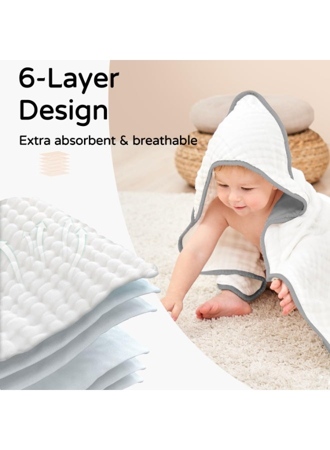 2 Pack Hooded Baby Bath Towels 100% Organic Muslin Cotton, 32x32 Inch Soft Absorbent Hooded Towels for Newborn, Infant, Toddler & Kids, White & Pure Grey - Image 4