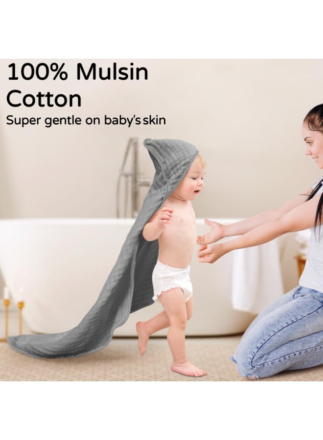 2 Pack Hooded Baby Bath Towels 100% Organic Muslin Cotton, 32x32 Inch Soft Absorbent Hooded Towels for Newborn, Infant, Toddler & Kids, White & Pure Grey - Image 2