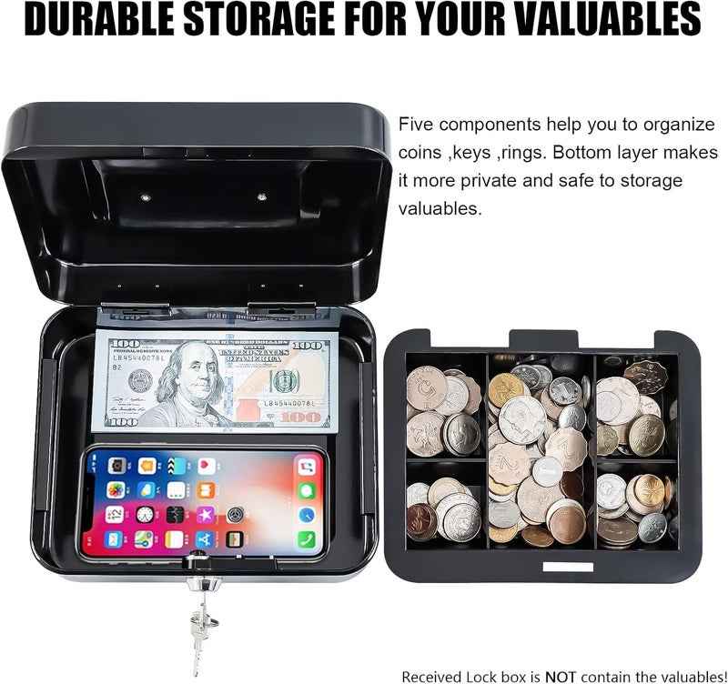 Aakarit Cash Money Safe Box Security Storage Tray Shop Counter Locker for home office for Loose Coins Compartments Change & Valuables with 2 Keys | Black - Image 3