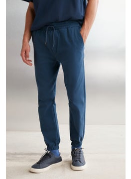 GRIMELANGE Jakob Men's Woven Washed 4 Pocket Thick Textured Elastic Leg Blue Trousers  - Image 3