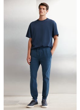 GRIMELANGE Jakob Men's Woven Washed 4 Pocket Thick Textured Elastic Leg Blue Trousers  - Image 5