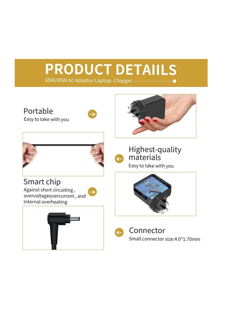 شاحن لابتوب بديل 20 فولت و3.25A و65/45 واط للينوفو ايديا باد 320 310 320S 330 330s  110 110S 120S 330S-15IKB وسلسلة يوجا 520 و530 وايديا باد فليكس  و4 و5 و6، محول ومزود طاقة ADL45WCD)4.0×1.7 ملم) - Image 2