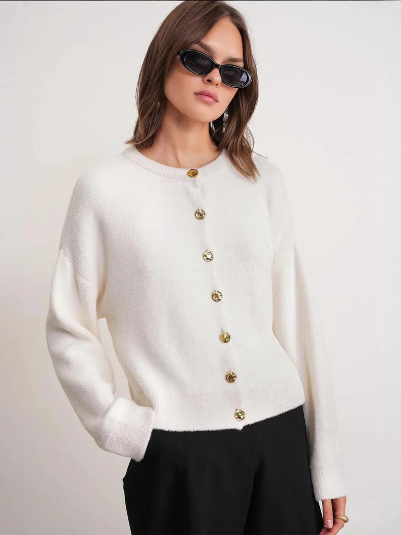 Mixray Ivory Natural Mixray Buttoned Ribbed Knit Cardigan for Women | Best Price UAE