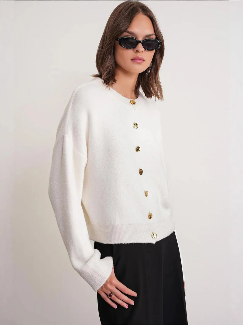 Mixray Ivory Natural Mixray Buttoned Ribbed Knit Cardigan for Women | Best Price UAE