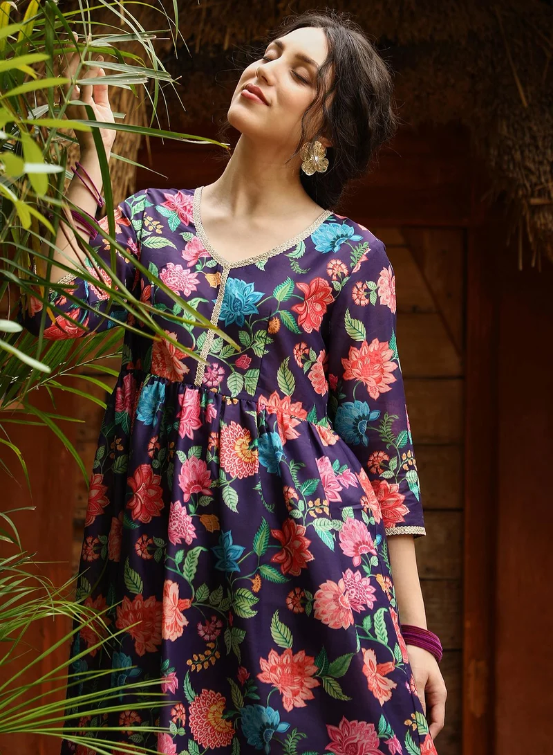 QISSA Purple Qissa Women's Amethyst Purple Flora Cluster Kurta With Trousers And Dupatta For Casual Wear | V-Neck | Quarter Sleeves | 3 Piece Kurta Set Designed With Comfort Fit For Everyday Ethnic Wear for Women | Best Price UAE