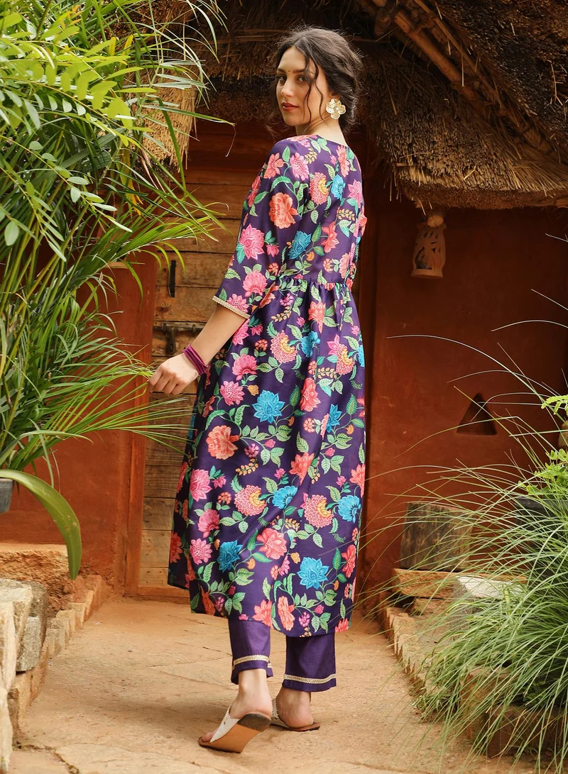 QISSA Purple Qissa Women's Amethyst Purple Flora Cluster Kurta With Trousers And Dupatta For Casual Wear | V-Neck | Quarter Sleeves | 3 Piece Kurta Set Designed With Comfort Fit For Everyday Ethnic Wear for Women | Best Price UAE