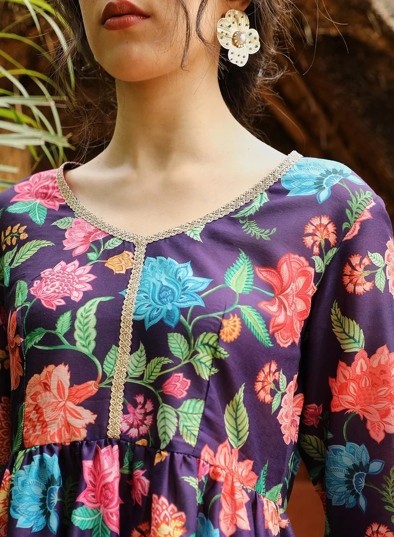 QISSA Purple Qissa Women's Amethyst Purple Flora Cluster Kurta With Trousers And Dupatta For Casual Wear | V-Neck | Quarter Sleeves | 3 Piece Kurta Set Designed With Comfort Fit For Everyday Ethnic Wear for Women | Best Price UAE