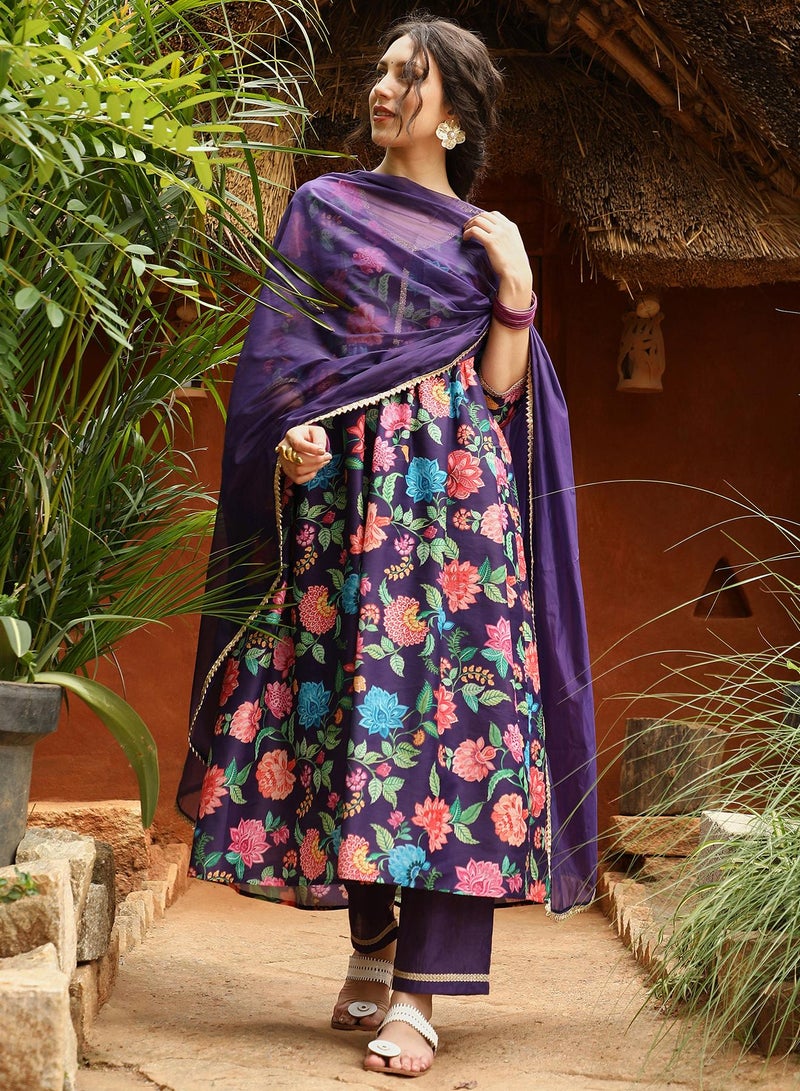 Qissa Women's Amethyst Purple Flora Cluster Kurta With Trousers And Dupatta For Casual Wear | V-Neck | Quarter Sleeves | 3 Piece Kurta Set Designed With Comfort Fit For Everyday Ethnic Wear - Image 1