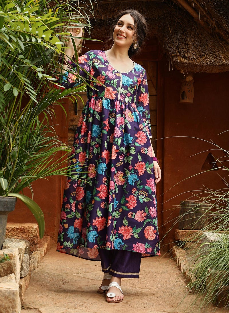 Qissa Women's Amethyst Purple Flora Cluster Kurta With Trousers And Dupatta For Casual Wear | V-Neck | Quarter Sleeves | 3 Piece Kurta Set Designed With Comfort Fit For Everyday Ethnic Wear - Image 2