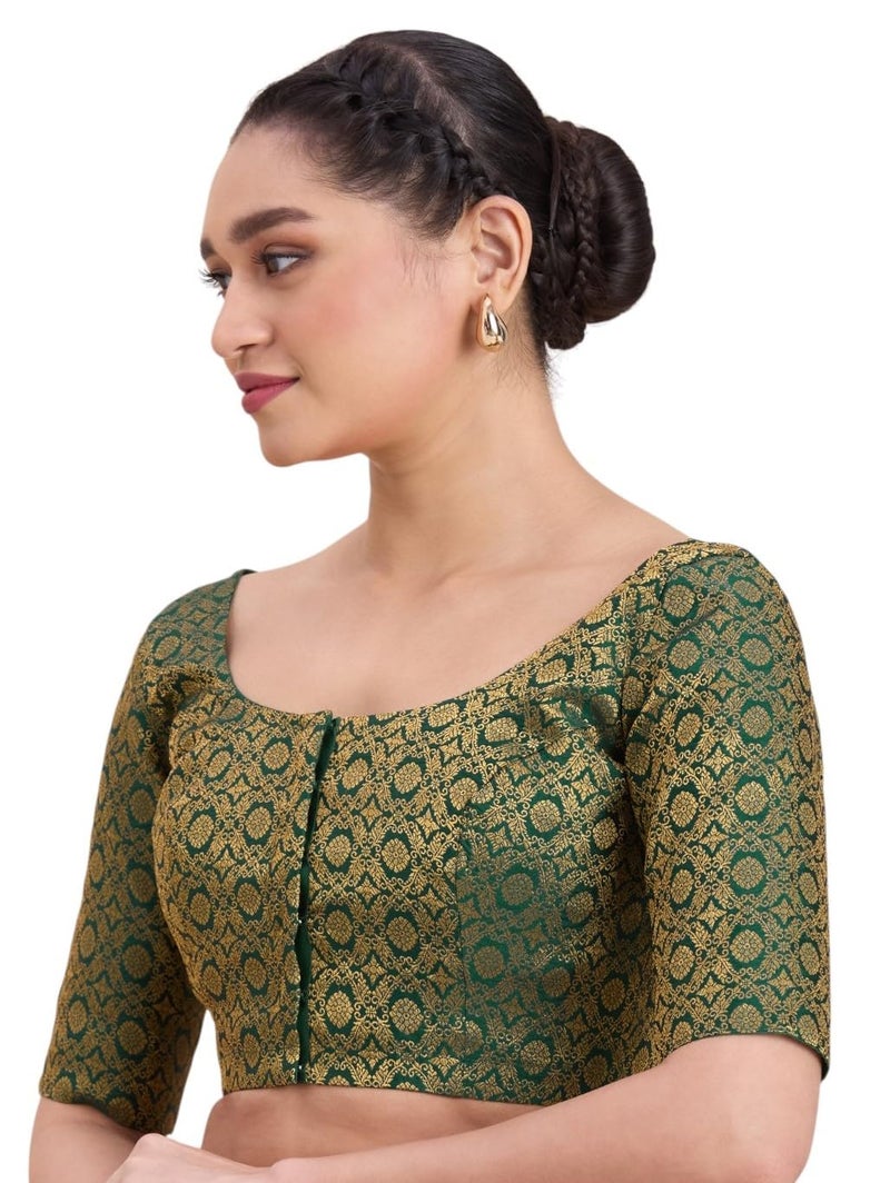 Studio Shringaar Women's Benaras Brocade Round Neck Readymade Saree Blouse (Bottle Green, 38) - Image 5