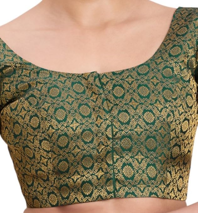 Studio Shringaar Women's Benaras Brocade Round Neck Readymade Saree Blouse (Bottle Green, 38) - Image 3