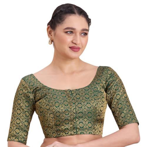 Studio Shringaar Women's Benaras Brocade Round Neck Readymade Saree Blouse (Bottle Green, 38) - Image 1