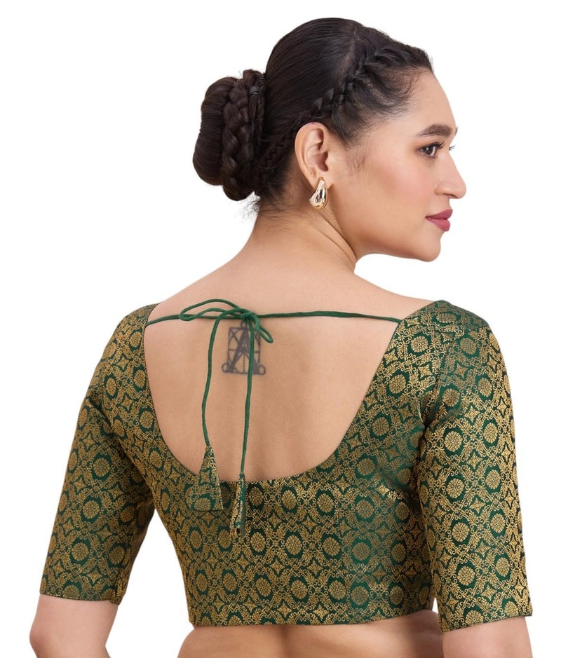 Studio Shringaar Women's Benaras Brocade Round Neck Readymade Saree Blouse (Bottle Green, 38) - Image 2