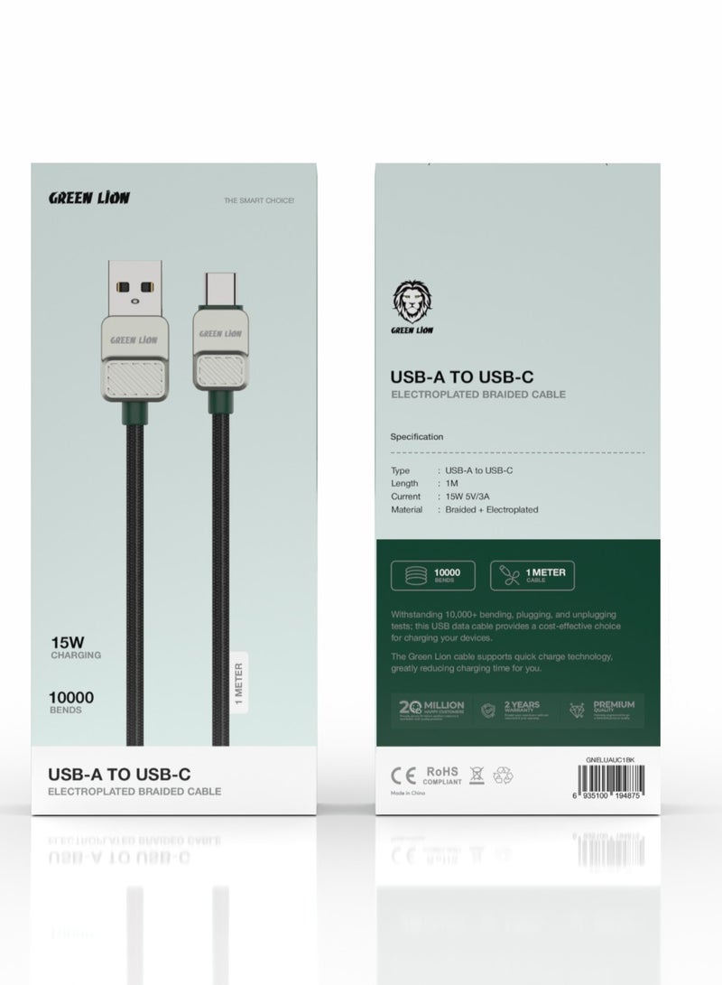GREEN LION USB A to Type-C Cable Electroplated and Braided 1m 15W / 480Mbps  Transfer Speed /  Wide Compatibility / Secure & Safe Cord / Charge & Sync - Black/Dark Green - Image 2