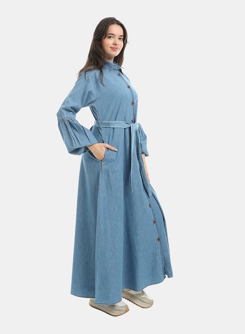 Andora Light Blue Long Sleeves Buttons Closure Denim Dress_Blue - Image 3