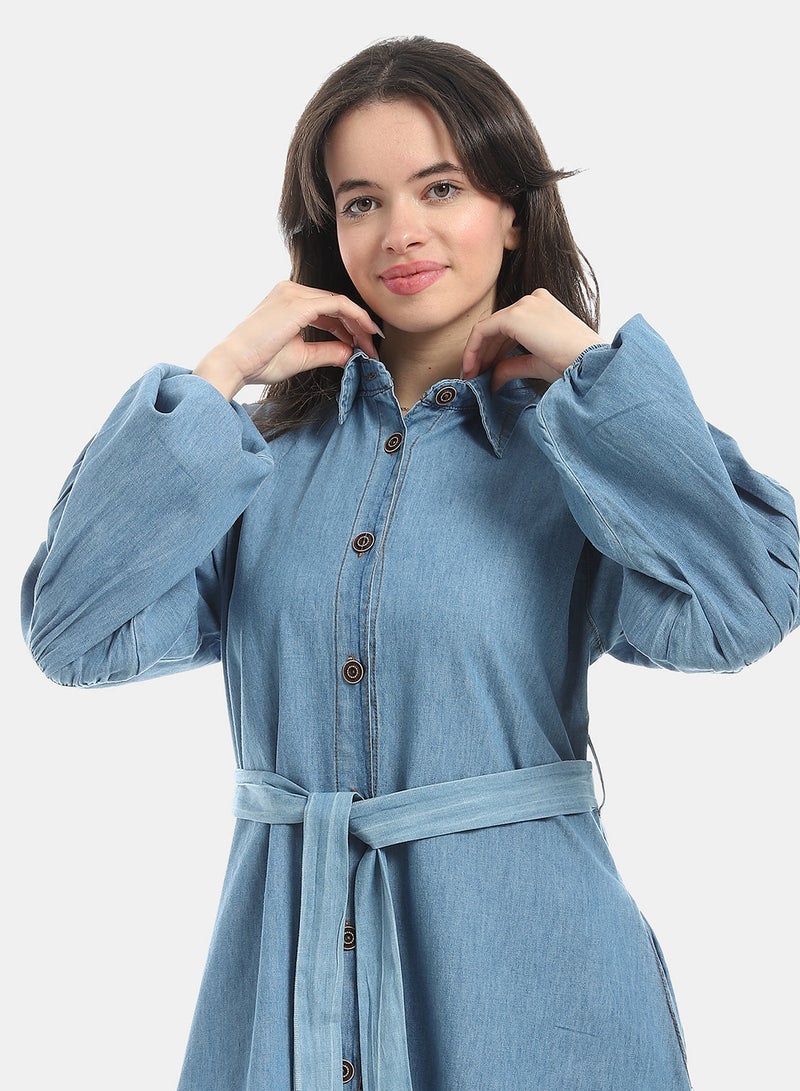 Andora Light Blue Long Sleeves Buttons Closure Denim Dress_Blue - Image 5