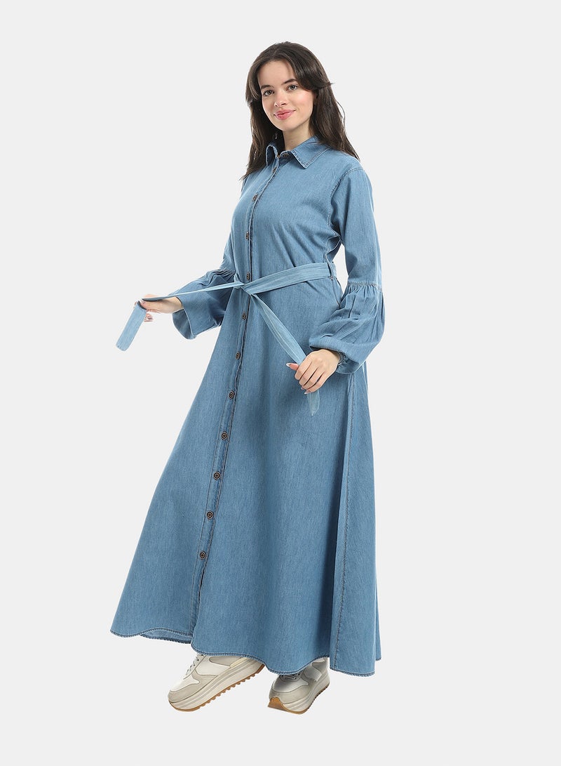 Andora Light Blue Long Sleeves Buttons Closure Denim Dress_Blue - Image 4