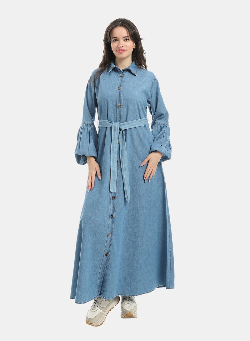 Andora Light Blue Long Sleeves Buttons Closure Denim Dress_Blue - Image 1