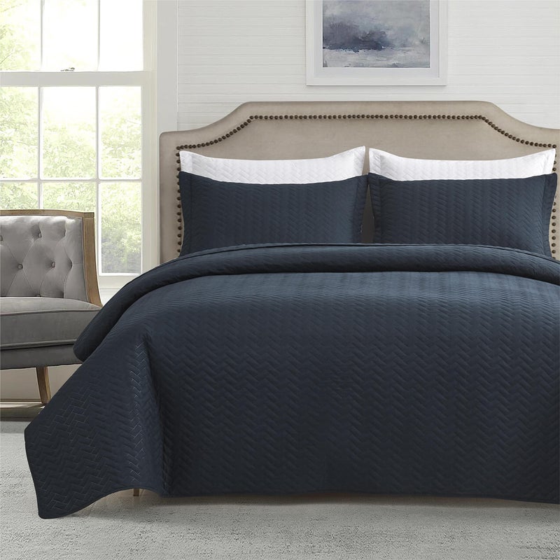 MapleStone Quilt Set TwinTwin XL Lightweight Navy Bedspread Ultrasonic Chevron Pattern Light Coverlet for All Season Comforter Bedding Decor 2 Piece Twin Extra Long Bed Cover Sets