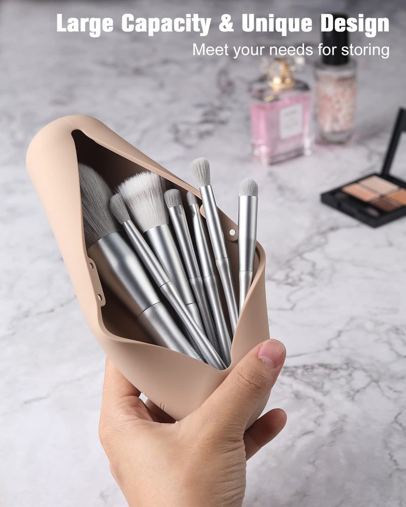 FERYES Large Travel Makeup Brush Holder, Magnetic Anti-fall Out Silicon Portable Cosmetic Face Brushes Holder, Soft and Sleek Makeup Tools Organizer for Travel- (8.27 * 2.36 * 1.57) - Image 2