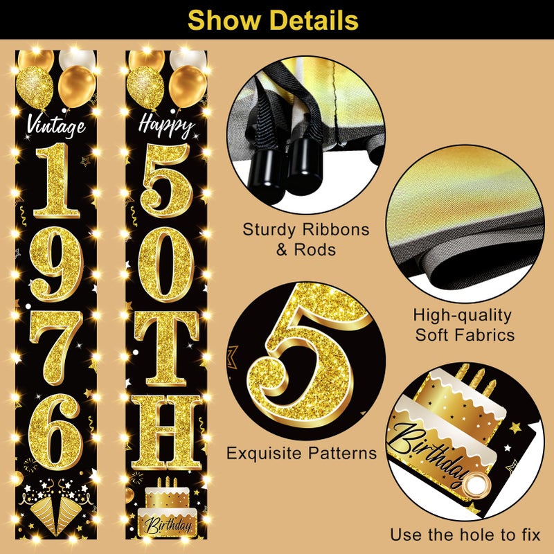 Guiruiy 50th Birthday Party Banner Lighted Decorations for Men and Women - Black Gold Vintage 1976 50th Birthday Door Banners with LED Light, Fifty Years Birthday Party Supplies for Indoor Outdoor Decor - Image 3