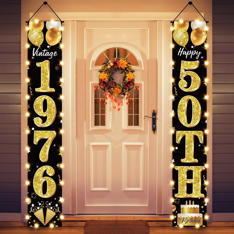 Guiruiy 50th Birthday Party Banner Lighted Decorations for Men and Women - Black Gold Vintage 1976 50th Birthday Door Banners with LED Light, Fifty Years Birthday Party Supplies for Indoor Outdoor Decor - Image 1