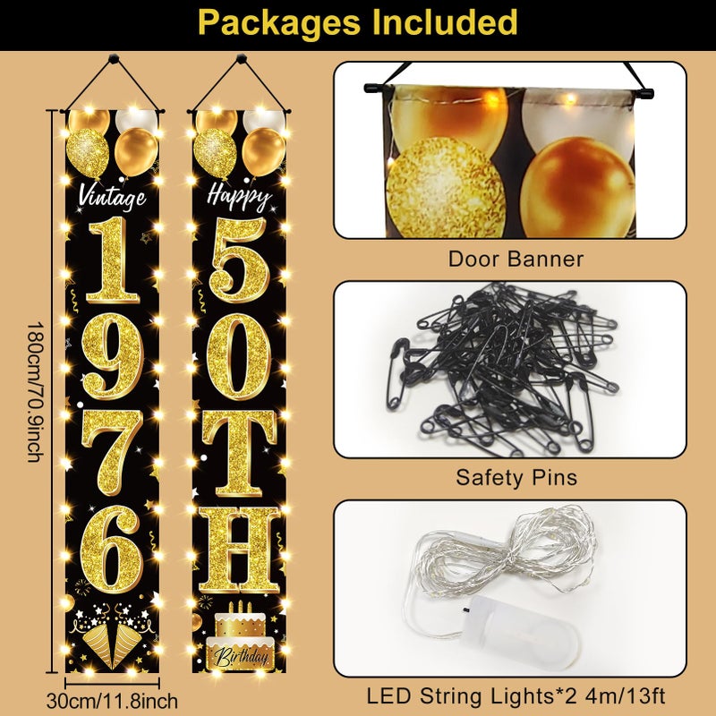 Guiruiy 50th Birthday Party Banner Lighted Decorations for Men and Women - Black Gold Vintage 1976 50th Birthday Door Banners with LED Light, Fifty Years Birthday Party Supplies for Indoor Outdoor Decor - Image 2