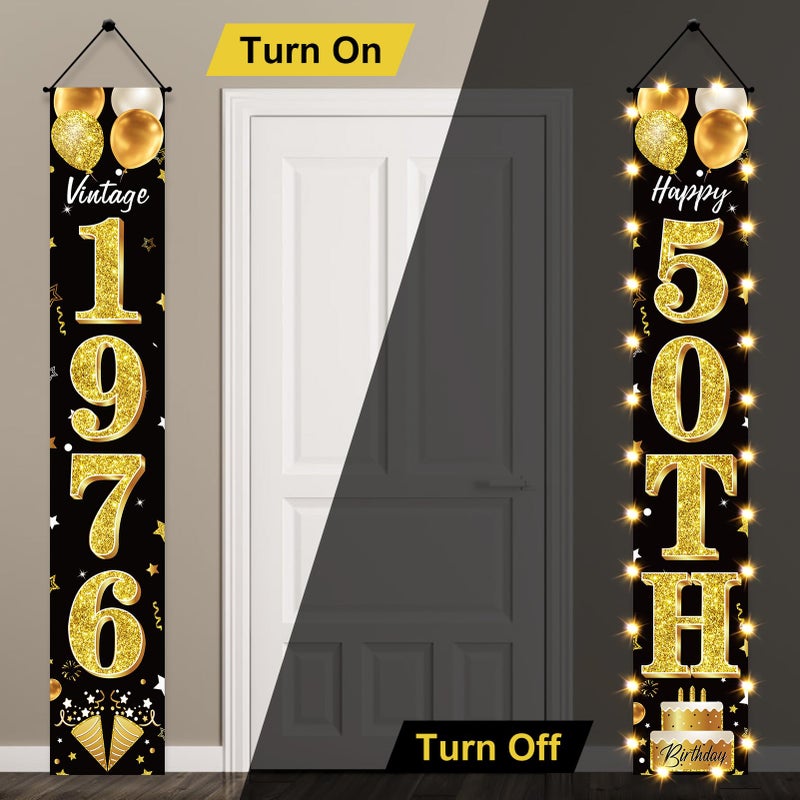 Guiruiy 50th Birthday Party Banner Lighted Decorations for Men and Women - Black Gold Vintage 1976 50th Birthday Door Banners with LED Light, Fifty Years Birthday Party Supplies for Indoor Outdoor Decor - Image 5